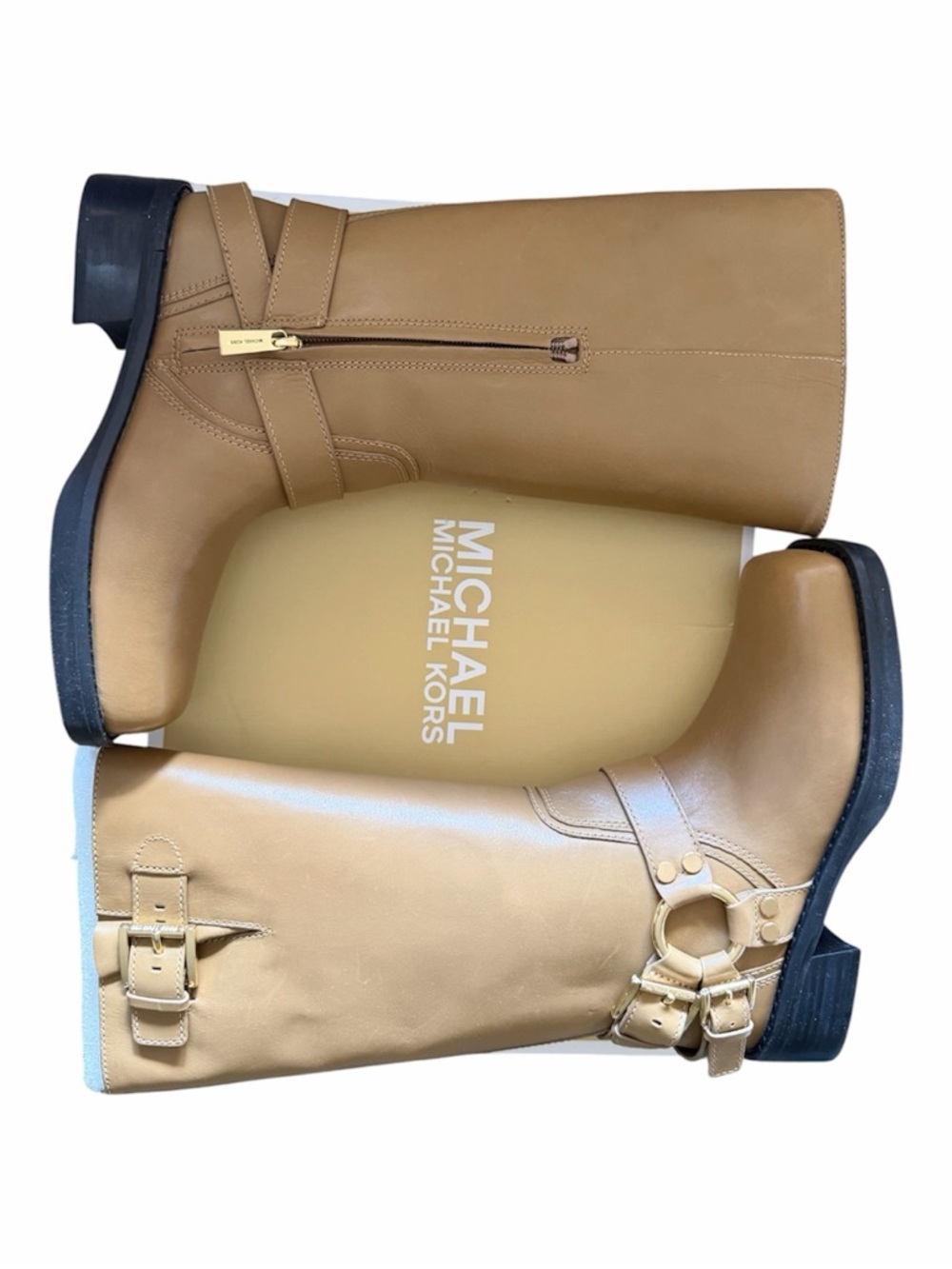 Leather Moto Boot Tan Square Toe Harness 6 Michael Kors Crosby Biker Boho Husk